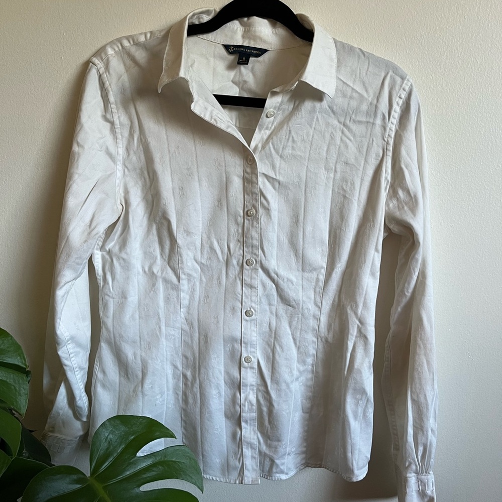 Pinstripe and Flower Detail White Button Down Top